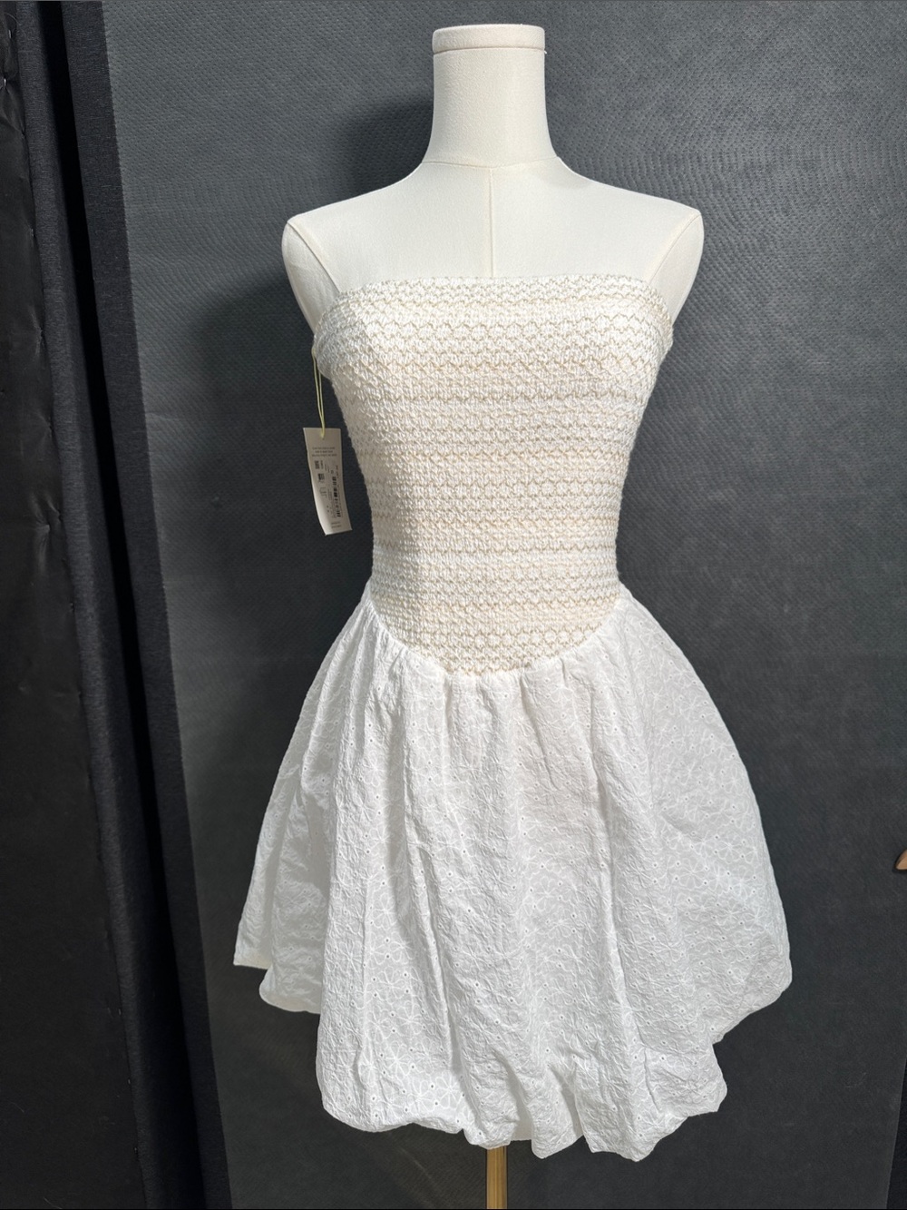 Maaji White Strapless Smocked Bodice Eyelet Bubble Skirt Dress